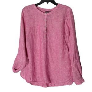 Jones New York Pink Linen Blouse XL Roll Tab Casual Summer Quality Breathable